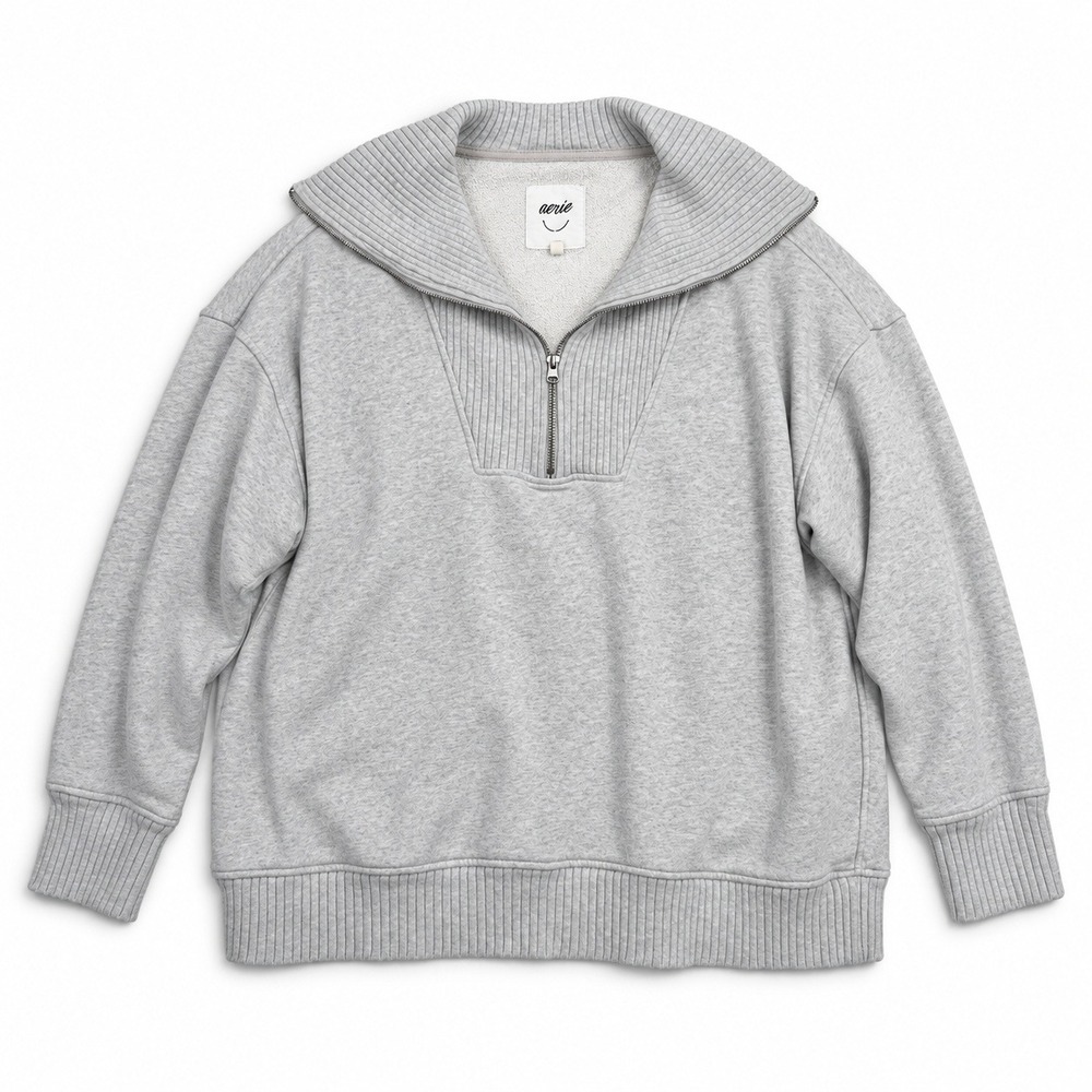 aerie L Down To Earth Quarter Zip Sweatshirt Overisized Gray Relaxed Fit Cozy - Picture 2 of 14